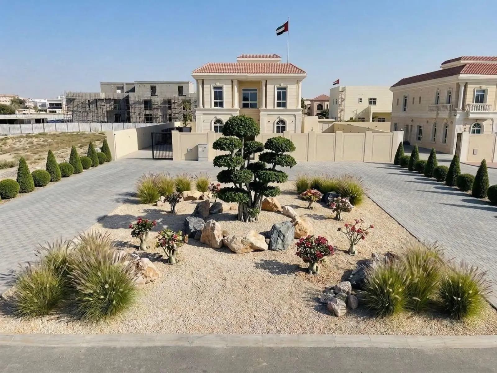 Rock garden design at a villa entrance